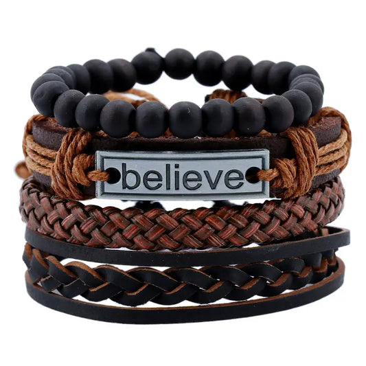 Believe Braided Leather Bracelet Set