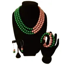 Alpha Kappa Alpha Pink and Green Jewelry Set - Necklace, Bracelet, Earrings