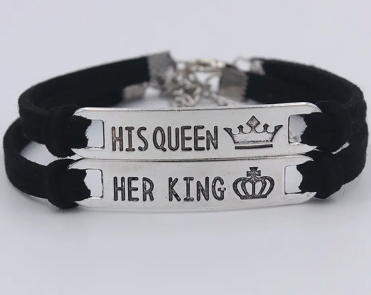 Matching Bracelet "His Queen" "Her King" Metal Bar Couple Bracelet