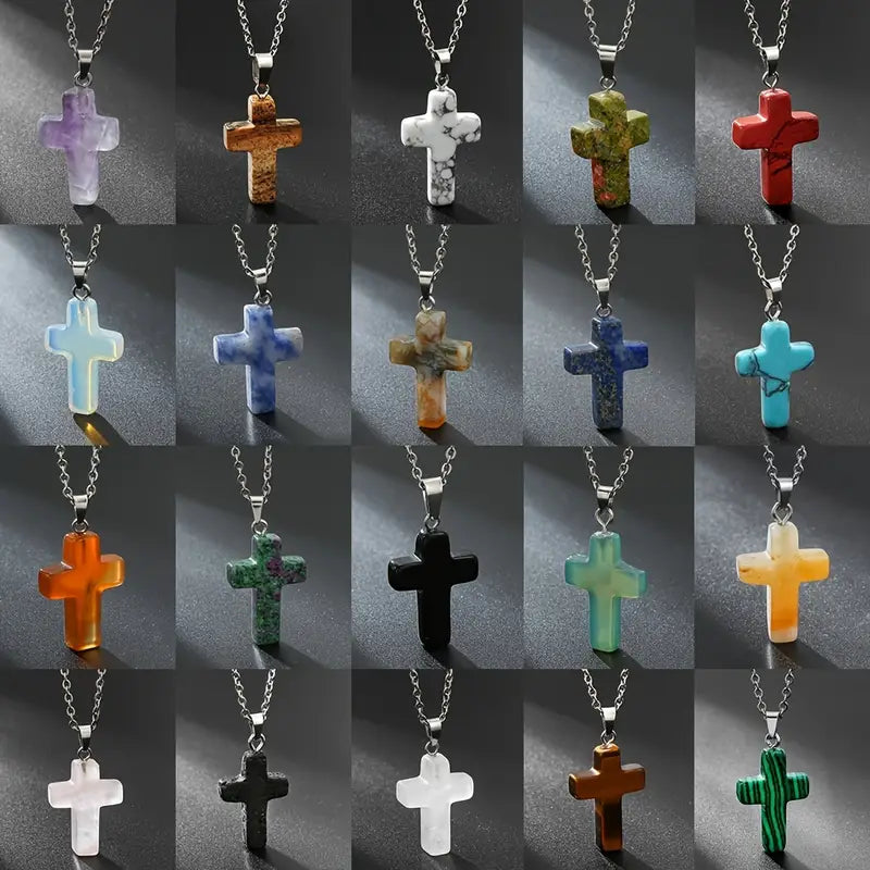 Natural Gemstone Cross Necklace