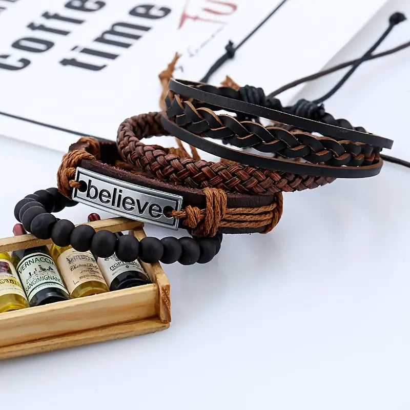 Believe Braided Leather Bracelet Set